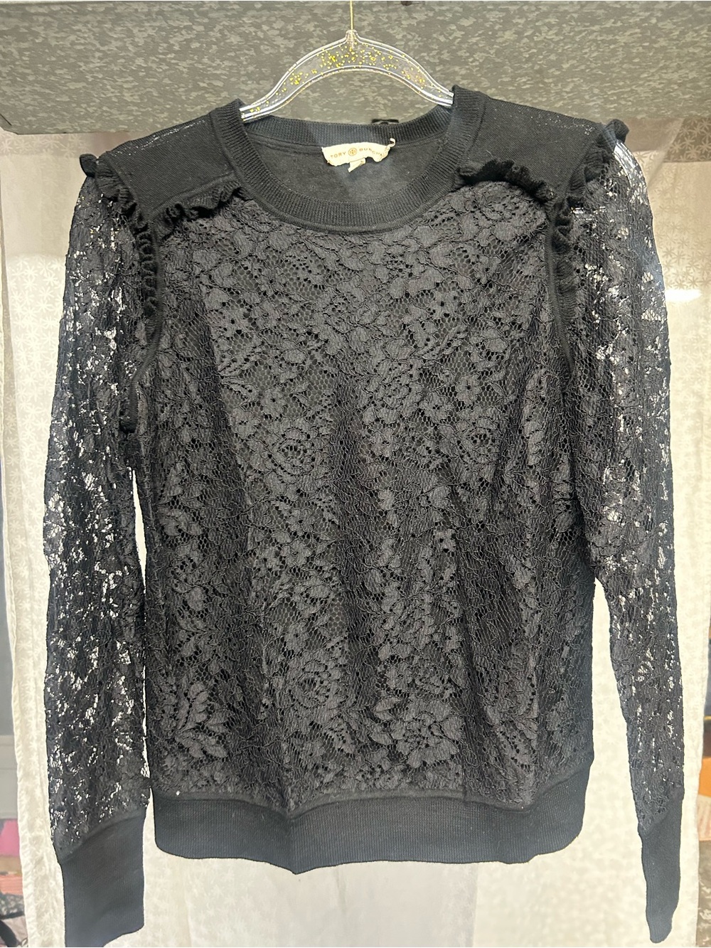 Tory Burch Black Lace Long-Sleeve Pullover